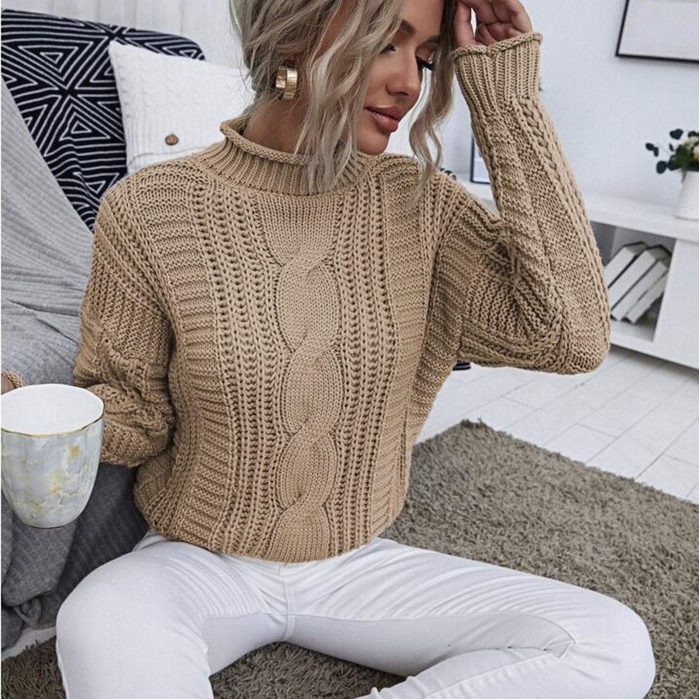Tan Chunky Cable Knit Turtleneck Sweater